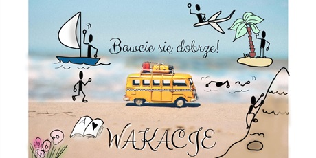 Powiększ grafikę: plakat wakacyjny, na nim autobus, łódka, palma, samolot, góra, książka