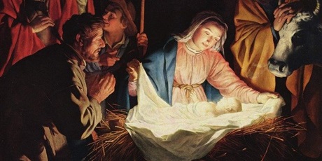 Powiększ grafikę: obraz przedstawiający narodzonego Jezusa  w otoczeniu Marii, Józefa, pasterzy i królów